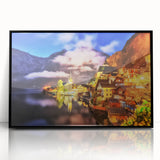 Framed acrylic wall art showcasing a vibrant village landscape design, featuring rich colors and intricate details, set against a sleek black frame for modern decor.