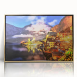 Framed wall art collection showcasing a vibrant landscape village design, featuring acrylic gold accents and a sleek modern frame, ideal for home decor.