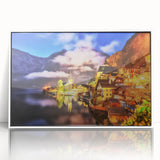 Framed acrylic wall art showcasing a serene landscape village design, featuring a white frame and vibrant colors, perfect for home decor and interior aesthetics.