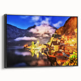 Framed canvas wall art depicting a serene village landscape design, featuring vibrant colors and intricate details, presented in a stylish black frame, ideal for home decor.