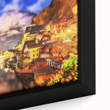 Framed canvas wall art depicting a serene village landscape with vibrant colors, showcasing rolling hills and quaint houses, ideal for home decor.