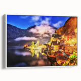 Framed canvas wall art showcasing a serene landscape village scene, featuring soft pastel colors and intricate details, ideal for home decor enhancement.