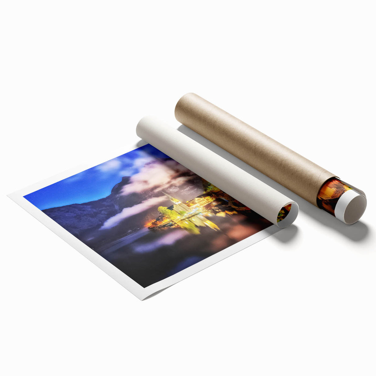 Rolled print of a vibrant landscape village scene, showcasing intricate details and warm colors, perfect for home decor or art collection. Ideal for adding a touch of charm to any room.