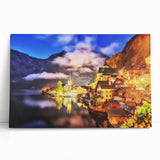 Stretched canvas artwork depicting a serene village landscape with vibrant colors, ideal for home decor, showcasing nature's beauty and tranquility.