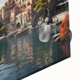 Close-up of a vibrant acrylic glass wall art piece depicting a serene village landscape, showcasing rich colors and intricate details, perfect for home decor.