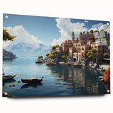 Acrylic wall art piece showcasing a vibrant landscape of a village, featuring intricate details and a side view with pins for easy display, perfect for home decor.