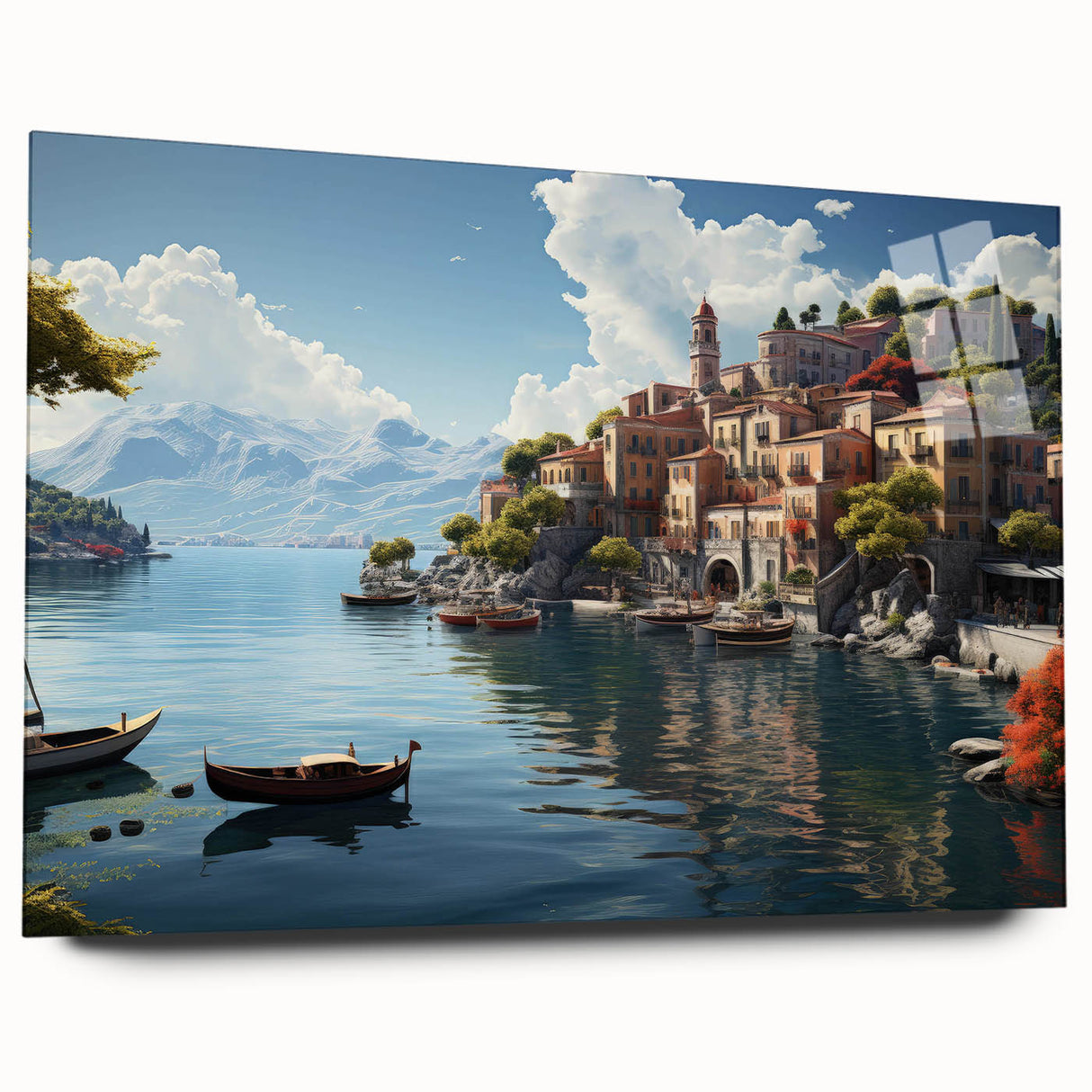 Acrylic glass wall art piece showcasing a vibrant landscape of a picturesque village, emphasizing detailed colors and textures, perfect for home decor.