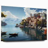 Acrylic glass wall art piece showcasing a vibrant landscape of a picturesque village, emphasizing detailed colors and textures, perfect for home decor.