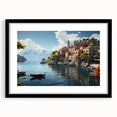 Framed wall art collection showcasing a picturesque village landscape design, featuring a sleek black frame and mat, perfect for home decor enhancement.