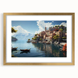 Framed wall art showcasing a serene village landscape design, featuring a gold mat and elegant frame, enhancing the decor of any living space.