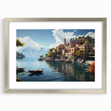 Framed wall art featuring a serene landscape village design in a silver frame, showcasing vibrant colors and intricate details, perfect for home decor.