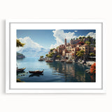Framed wall art featuring a serene village landscape design, elegantly displayed with a white mat and modern frame, perfect for home decor enhancement.