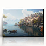 Framed acrylic wall art showcasing a vibrant landscape of a village, featuring lush greenery and colorful houses, set against a serene sky, ideal for home decor.