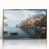 Framed acrylic wall art showcasing a serene village landscape with vibrant colors and intricate detailing, set in a gold frame for an elegant touch. Perfect for home decor.