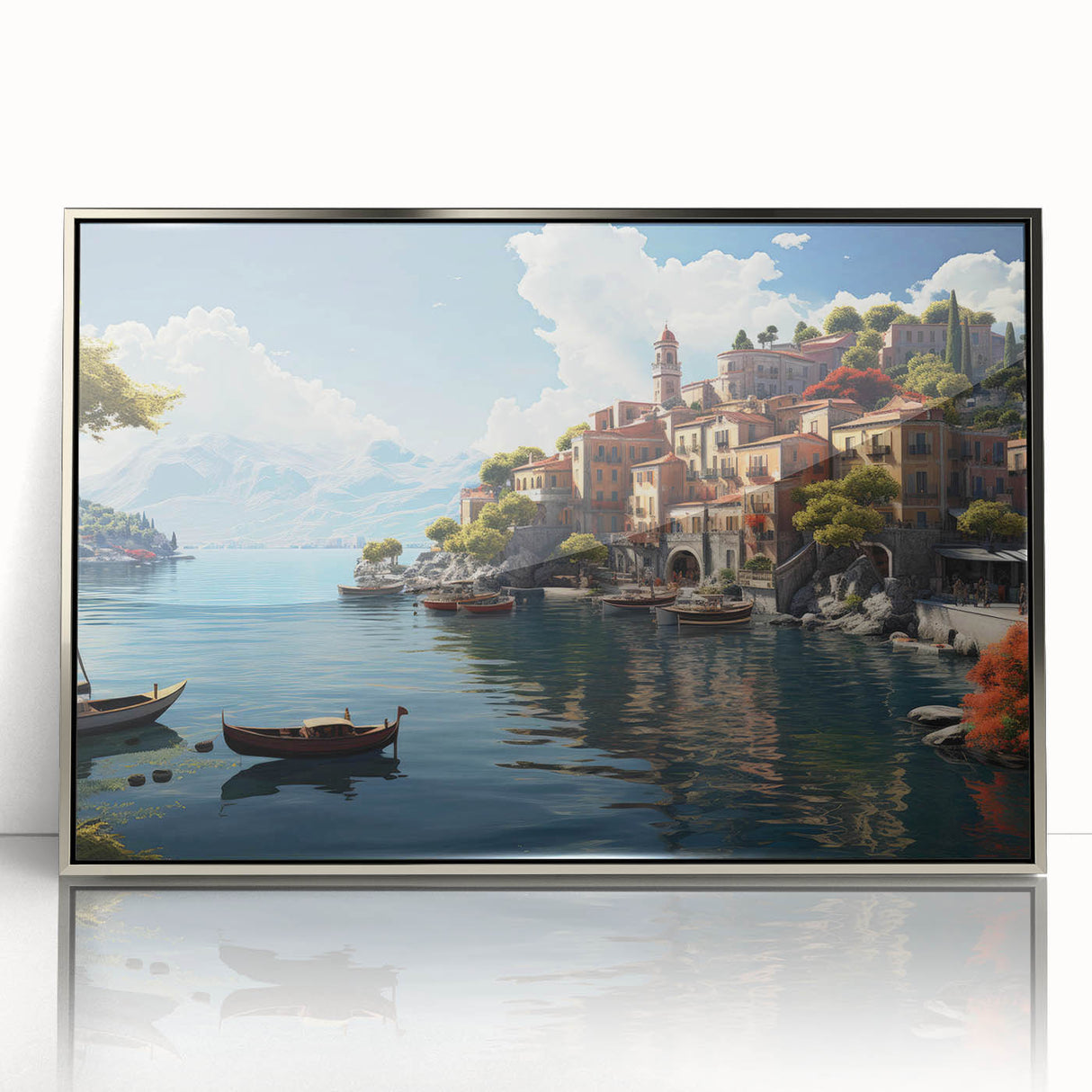 Framed wall art featuring a serene village landscape design in soft pastels, highlighted by a sleek silver frame, perfect for modern home decor.