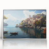 Framed acrylic wall art showcasing a picturesque village landscape, featuring vibrant colors and detailed design, perfect for home decor enhancement.