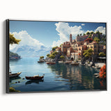 Framed canvas wall art depicting a picturesque village landscape, showcasing vibrant colors and intricate details, with a sleek black frame enhancing its aesthetic appeal. Perfect for home decor, adding a touch of elegance to any room.