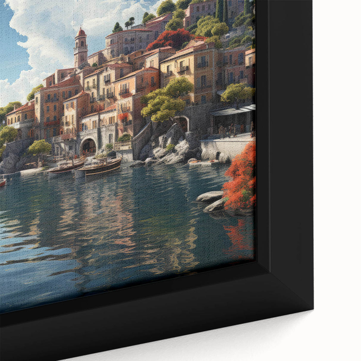 Framed canvas wall art featuring a serene village landscape with vibrant greenery and a clear blue sky, showcasing intricate details and colors for home decor.