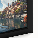 Framed canvas wall art featuring a serene village landscape with vibrant greenery and a clear blue sky, showcasing intricate details and colors for home decor.