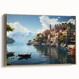 Framed canvas wall art featuring a vibrant landscape of a village, showcasing rich colors and intricate details, with a sleek gold frame enhancing its appeal.