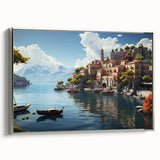 Framed canvas wall art showcasing a serene village landscape, featuring soft colors and intricate details, elegantly displayed with a silver frame. Ideal for home decor.