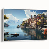 Framed canvas wall art depicting a serene village landscape design, featuring soft pastel colors and natural elements, displayed against a white backdrop. Ideal for home decor.