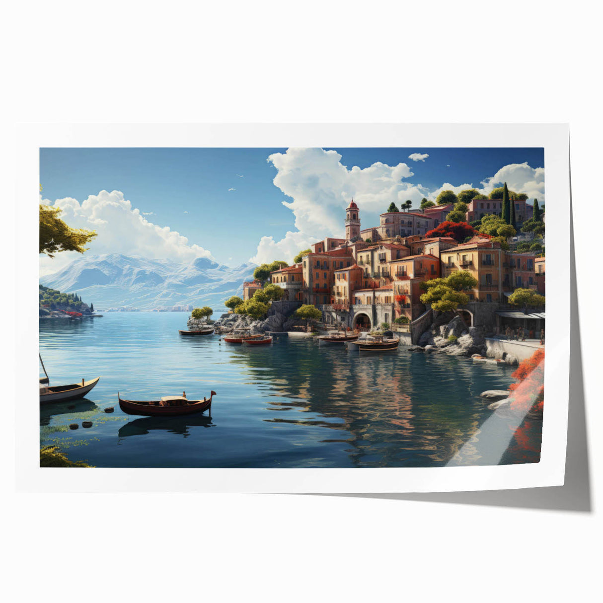 Rolled print of a vibrant landscape village design featuring lush greenery and colorful homes, ideal for home decor or gallery displays, packaged securely in a protective tube.