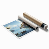 Rolled print of a vibrant landscape village design wall art collection, showcasing colorful houses and greenery, perfect for home decor or gifting.