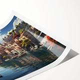 Rolled print showcasing a vibrant landscape village design in warm hues, ideal for home decor, packaged securely in a protective cardboard tube for shipping.