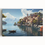 Stretched canvas wall art depicting a serene village landscape with vibrant colors and intricate details, perfect for home decor and enhancing interior aesthetics.