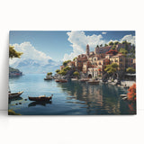 Stretched canvas wall art showcasing a serene village landscape design with vibrant colors, designed to enhance home decor and create a peaceful ambiance.