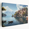 Stretched canvas wall art depicting a serene village landscape, showcasing vibrant colors and intricate details, perfect for home decor enhancement.