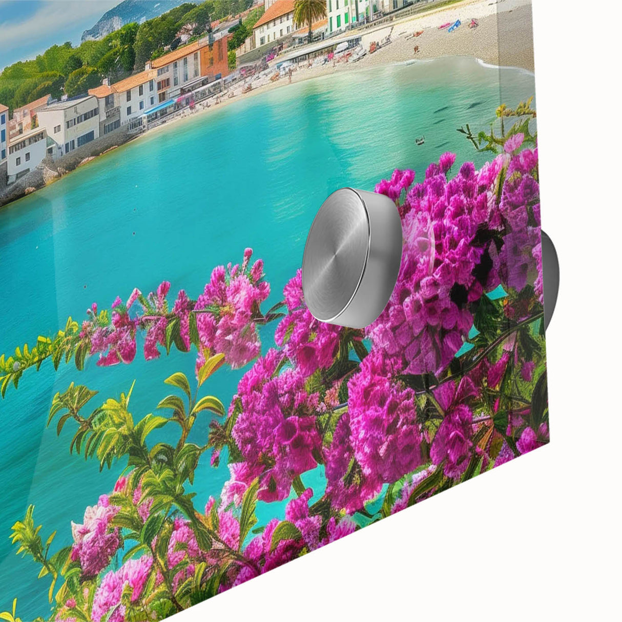 Close-up of a stunning acrylic glass wall art piece showcasing a picturesque village landscape design, featuring vibrant colors and intricate details, ideal for home decor.