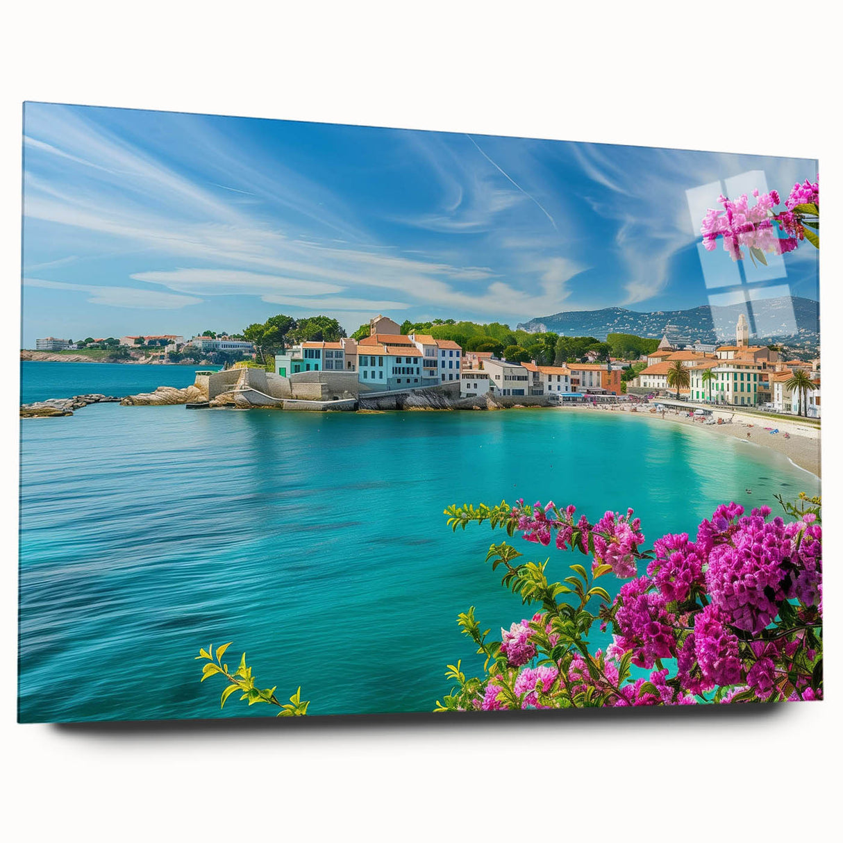 Acrylic glass wall art featuring an artistic landscape of vibrant villages in rich colors, showcased from a side view, ideal for modern home decor.