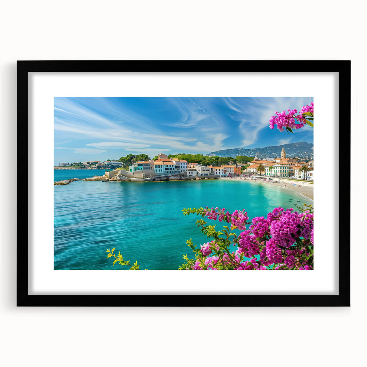 Framed black wall art showcasing a picturesque village landscape design, featuring vibrant colors and intricate details, perfect for home decor enhancement.
