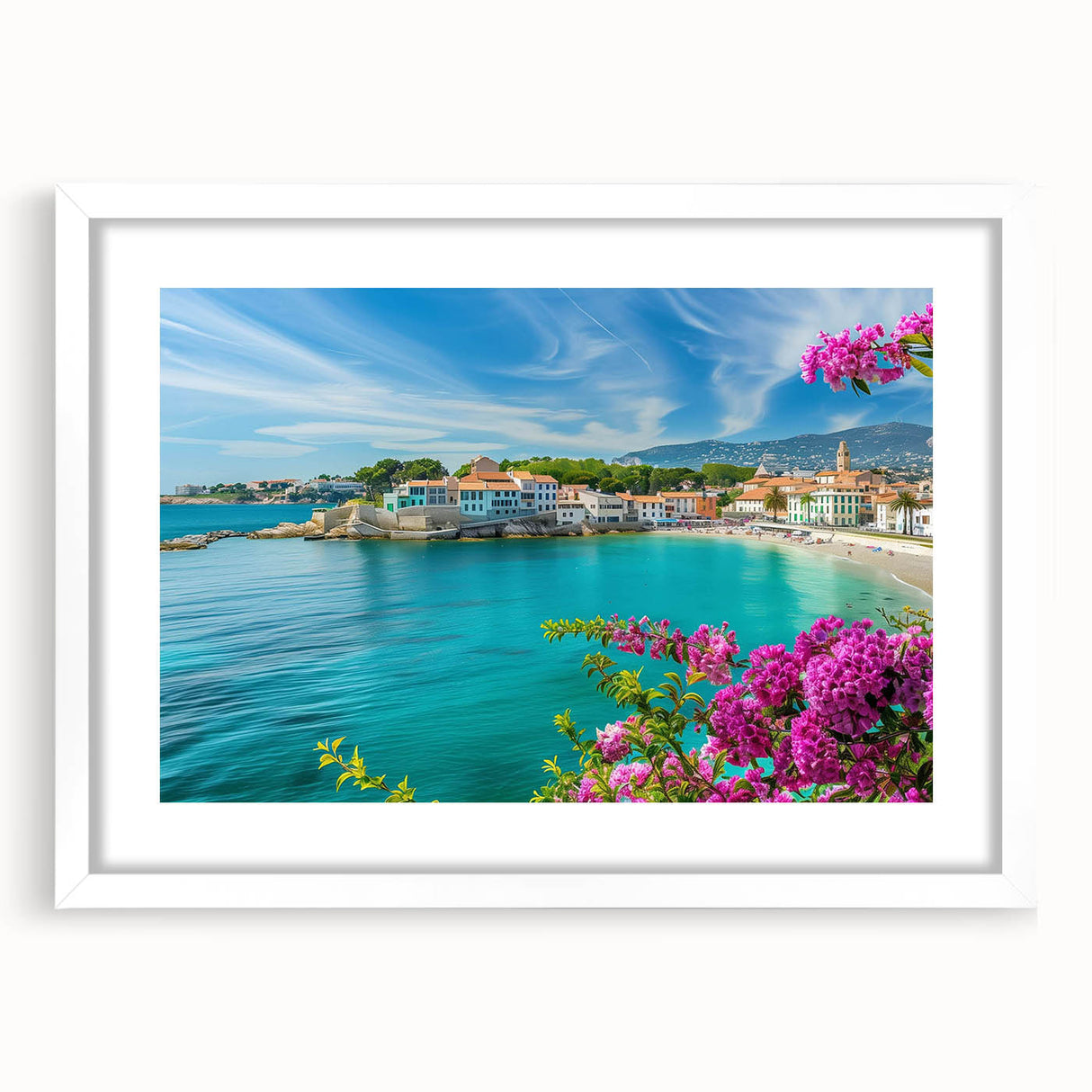 Framed landscape wall art design showcasing a serene village scene in soft pastel colors, accented with a white mat, ideal for home decor enhancement.