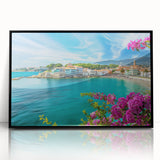 Framed acrylic wall art showcasing a vibrant village landscape design with rich colors, set in a sleek black frame, perfect for enhancing home decor.