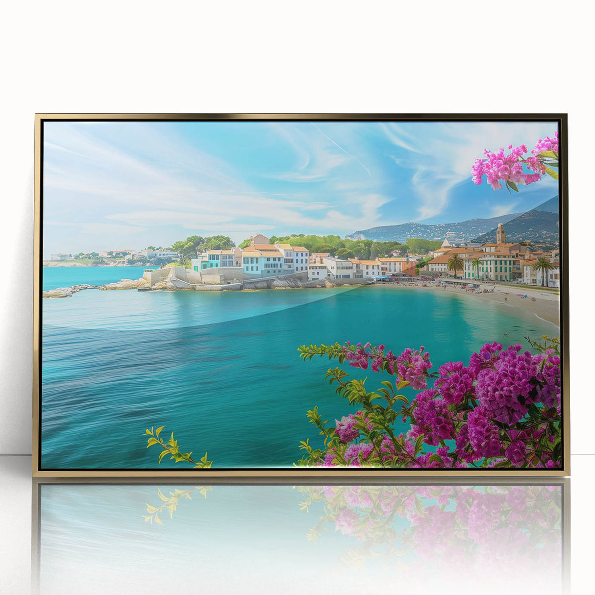 Framed acrylic wall art showcasing a serene village landscape in soft pastel colors, featuring golden accents and a modern design, perfect for home decor.