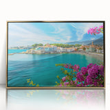 Framed acrylic wall art showcasing a serene village landscape in soft pastel colors, featuring golden accents and a modern design, perfect for home decor.