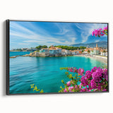 Framed landscape wall art showcasing a charming village scene with vibrant colors and intricate details, presented in a sleek black frame for modern decor.