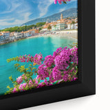 Close-up view of a framed canvas showcasing a vibrant landscape village design, highlighting intricate details and rich colors that enhance home decor aesthetics.