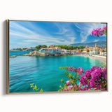 Framed canvas wall art from the Landscapes Villages Design collection, showcasing a serene village scene with vibrant colors and gold accents, ideal for home decor.