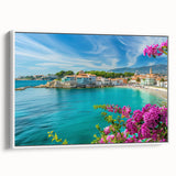 Framed canvas wall art showcasing a serene village landscape design, featuring vibrant colors and intricate details, perfect for home decor. The artwork is displayed from a side view, highlighting its elegant frame and artistic depth.