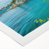 Rolled canvas artwork showcasing a vibrant landscape village scene, featuring lush greenery and quaint homes, ideal for enhancing interior decor with a natural touch.