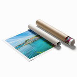 Rolled print showcasing a vibrant landscape village design, featuring lush green hills and quaint houses, perfect for adding color and charm to any decor.