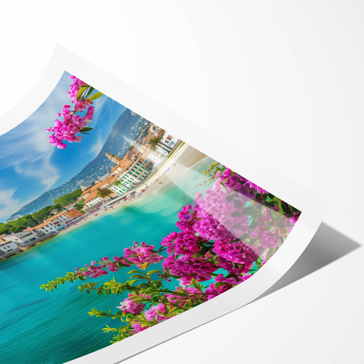 Rolled print of a vibrant landscape featuring a quaint village, showcasing colorful houses and greenery, designed for wall art decor in home interiors.