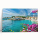 Colorful stretched canvas wall art depicting a vibrant village landscape, showcasing lush greenery, cozy cottages, and a clear blue sky, perfect for home decor.