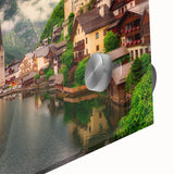 Close-up of a modern wall art collection featuring vibrant acrylic glass landscapes and village designs, showcasing intricate details and vivid colors, perfect for home decor.