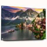 Acrylic glass wall art featuring a vibrant landscape village design, showcasing rich colors and intricate details, mounted with pins for an elegant display. Perfect for enhancing home decor with artistic flair.