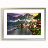 Framed silver wall art showcasing a beautiful landscape village design, featuring a mat and elegant framing details, ideal for home decor and interior styling.